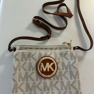 Michael Kors White and Brown Crossbody Bag with Signature Monogram